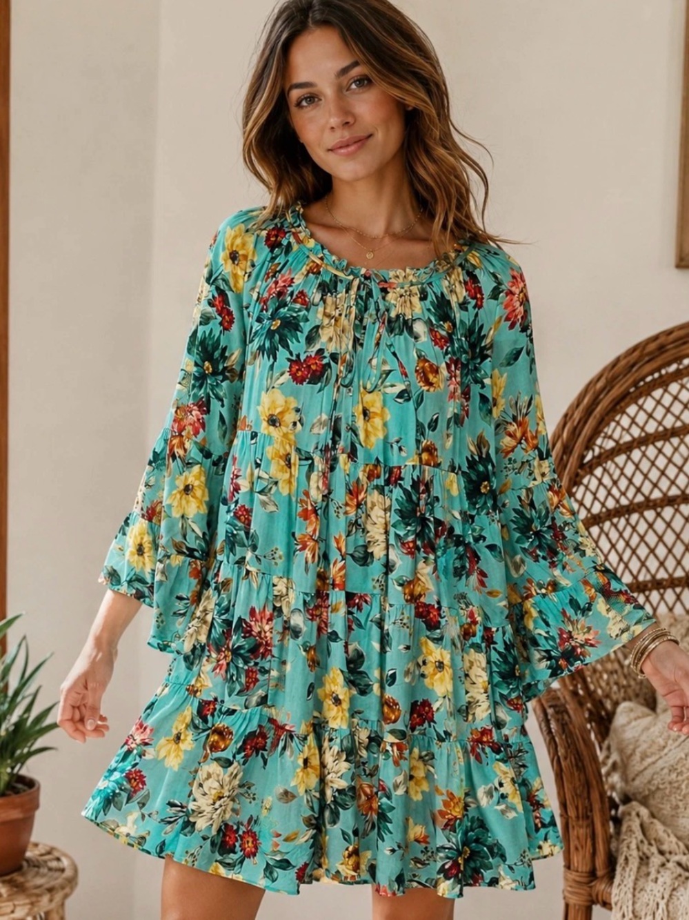 Johnny Was Teal boho Floral Tiered Mini Dress size S